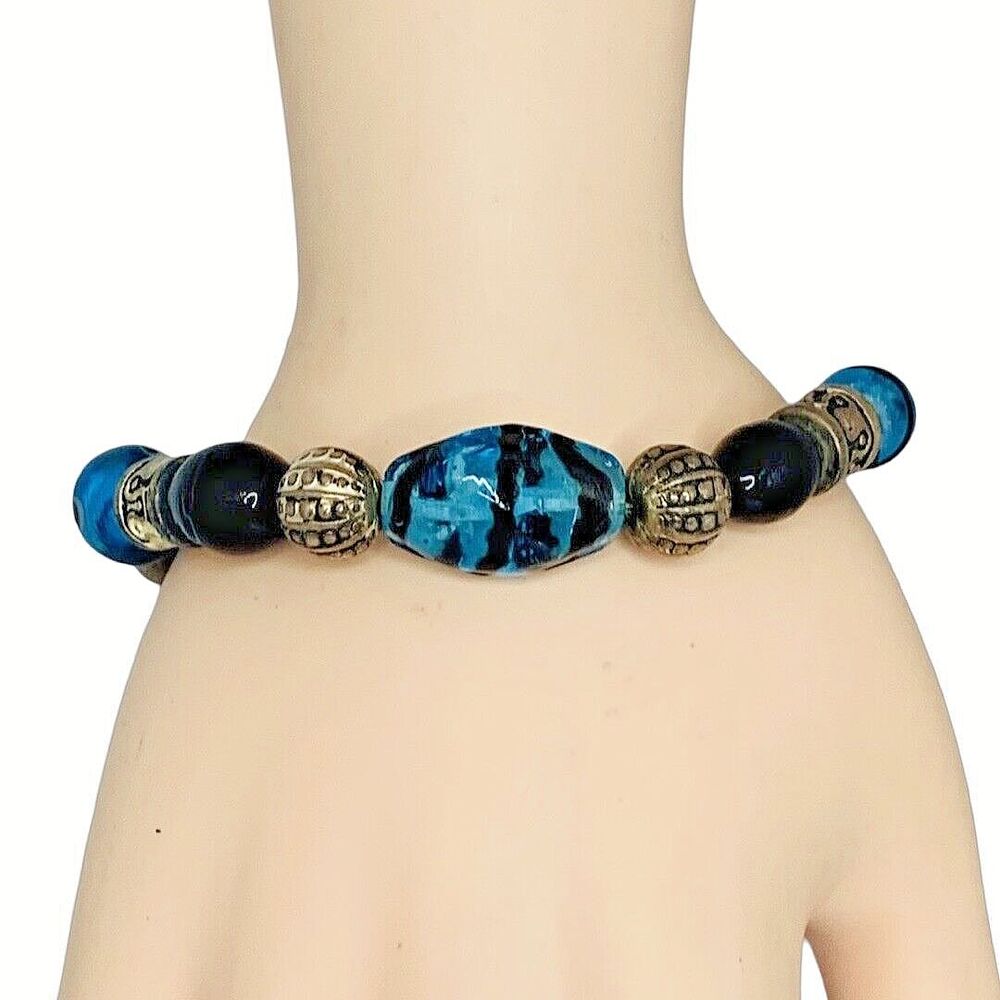 Vintage Blue Glass 925 Sterling Silver Bracelet 8" Toggle Clasp Signed